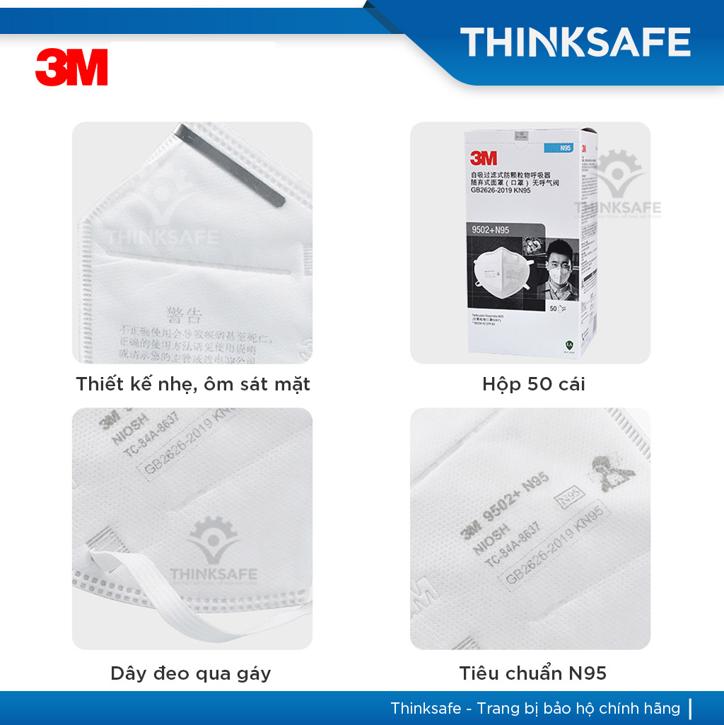Khẩu trang N95 3M 9502 kháng khuẩn chống bụi mịn - Khẩu trang 3d mask thiết kế thoải mái khi đeo đạt chuẩn N95 kháng khuẩn, chống bụi, chống độc, Khẩu trang 3M chính hãng