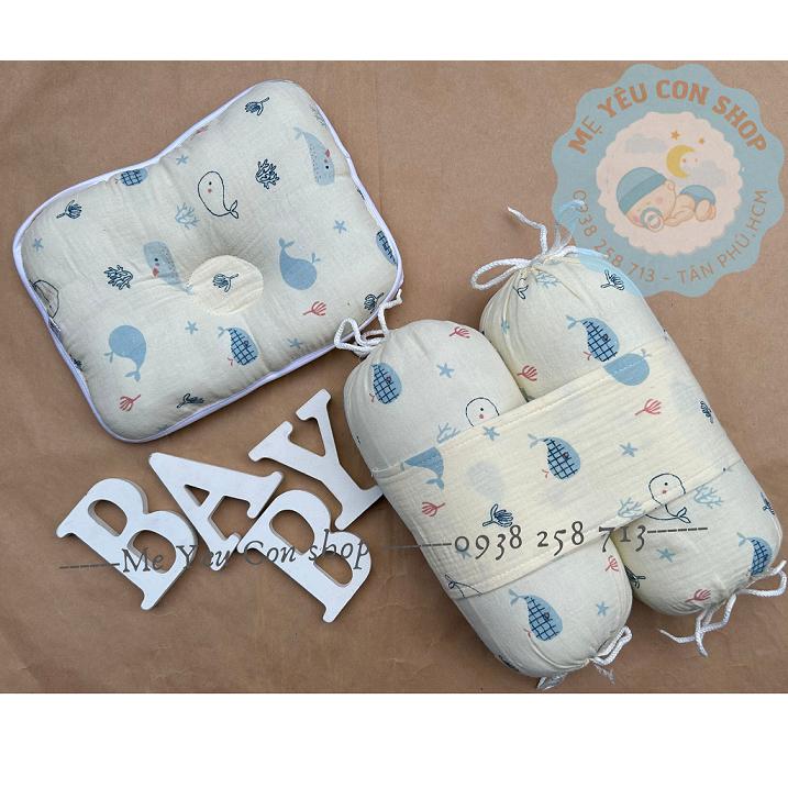 Bộ gối chặn sơ sinh vải xô mềm chống giật mình, chống lõm đầu cho bé