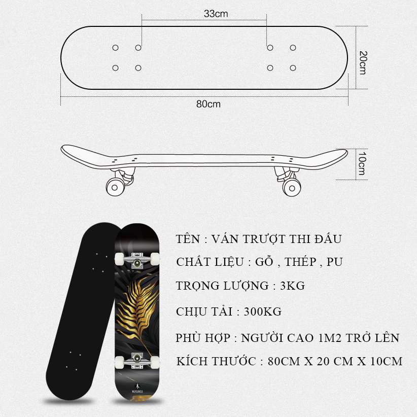 Ván trượt thể thao skateboard 80cm cao cấp đạt chuẩn thi đấu, 8 lớp gỗ phong ép mặt nhám, siêu bền, siêu chịu lực.