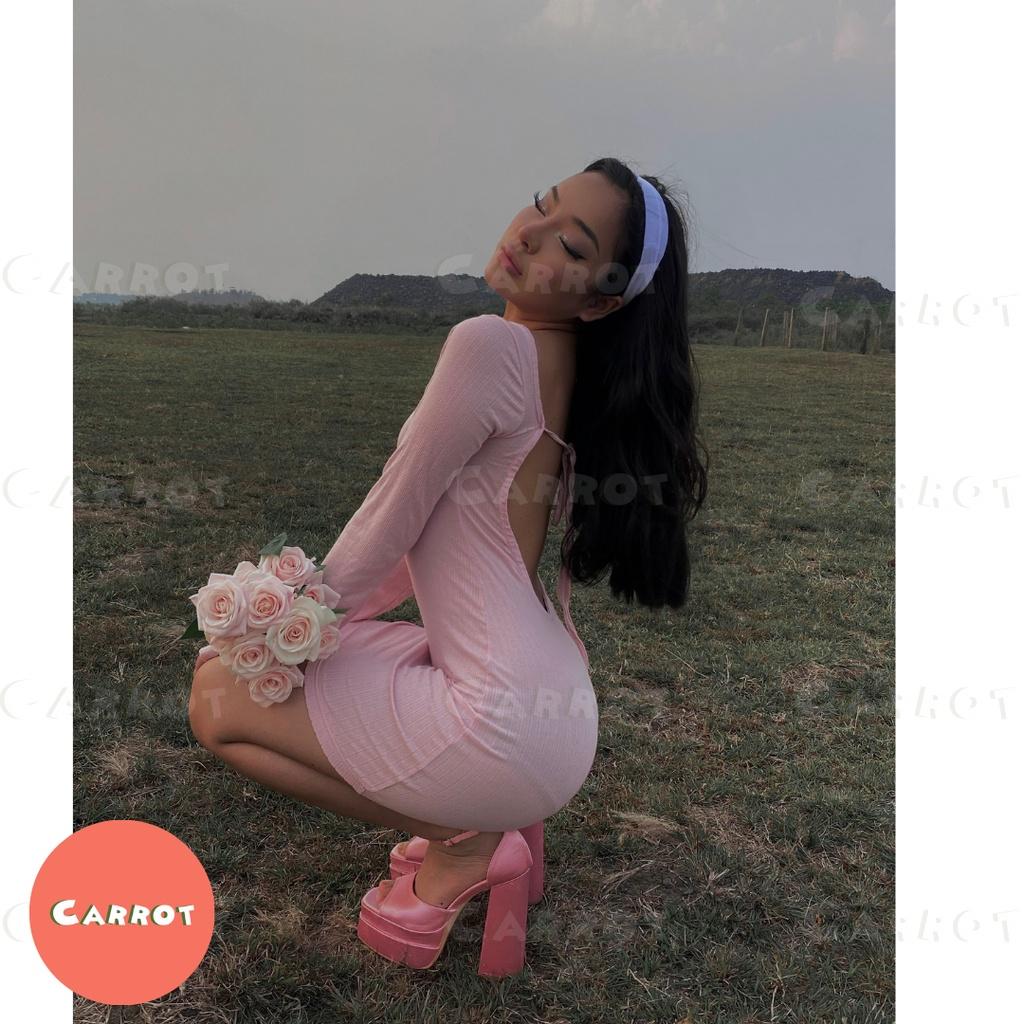 Đầm body hở lưng sexy váy ôm hồng sang chảnh cá tính khoét lưng tay dài thun co giãn tốt đi chơi carrotxinhdep-