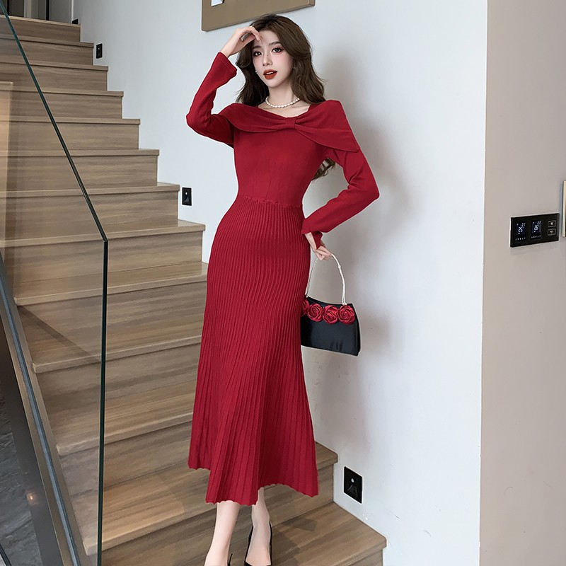 Đầm Len Dệt Kim Cổ Nơ Kiểu Pháp Cổ Điển AL07 - Hàng Quảng Châu Cao Cấp