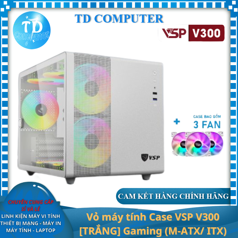 Vỏ máy tính Case VSP V300 [TRẮNG] sẵn 3 Fan LED ARGB Gaming Kính cường lực (M-ATX/ ITX) - Hàng chính hãng VSP phân phối