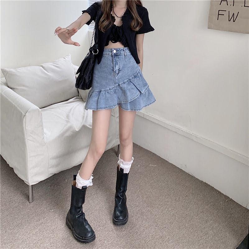 Chân váy bò jeans denim lưng cao phối đuôi cá bèo nhún phong cách cá tính (Có quần lót trong)