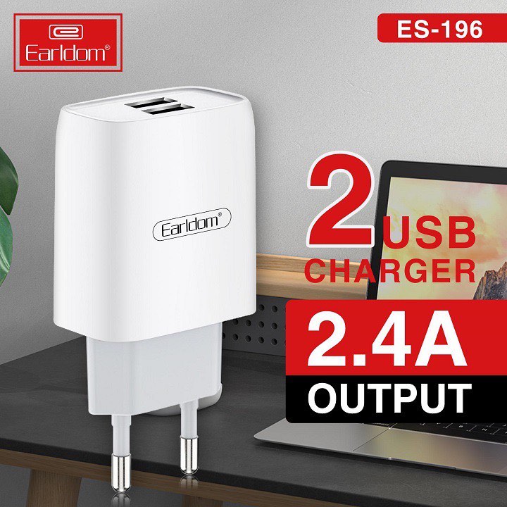 Bộ Sạc 2 cổng Earldom ES-196 - Fast Charge 2.4A Kèm dây cáp chuẩn sạc nhanh Cáp MicroUSB - Cáp Type C - Cáp IP Hàng Nhập Khẩu