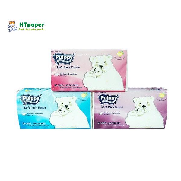 Khăn giấy lụa, Khăn giấy rút Pulppy Gấu Trắng lốc 3 gói 18 tờ x 2 lớp siêu mềm mịn an toàn cho bé