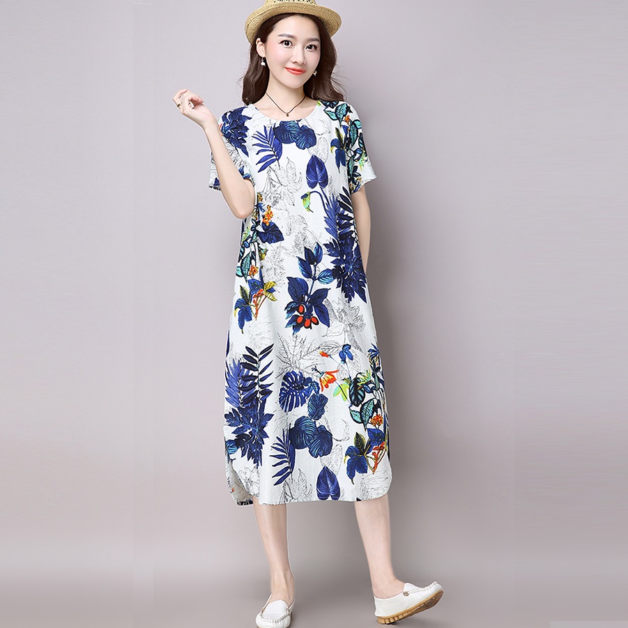 Đầm Linen suông nữ cổ tròn ngắn tay, Váy trung niên nữ dáng dài hoạ tiết hoa xinh trẻ trung cho nữ Đũi Việt