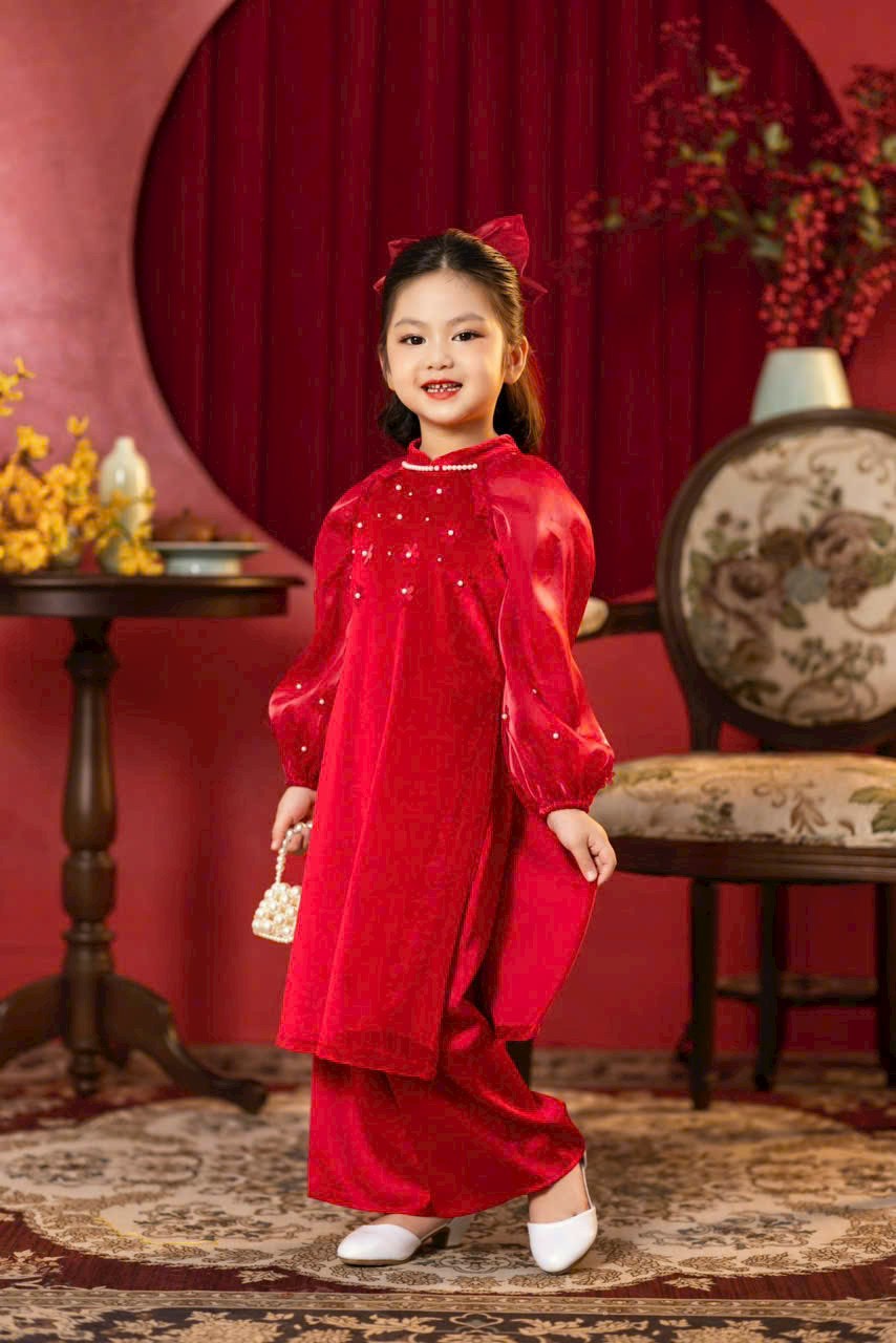Áo dài cách tân bé gái, Set áo dài tết cho bé 1-10 tuổi đính hoa tay voan hàng thiết kế điệu đà thời trang