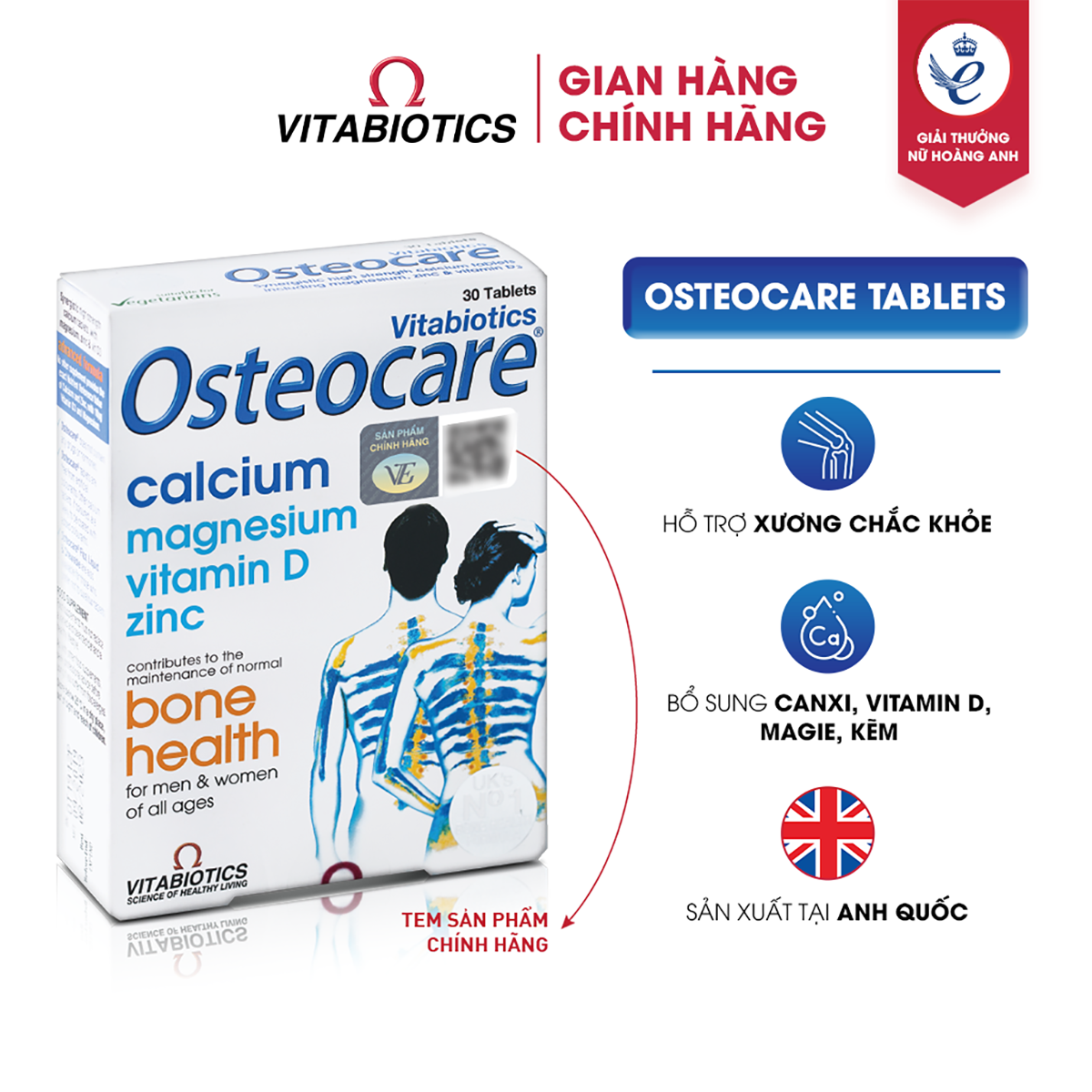 Bộ Sản Phẩm Vitabiotics OSTEOCARE Giúp Xương Chắc Khỏe 30 Viên Và PERFECTIL Làm Đẹp Da, Tóc & Móng 30 Viên