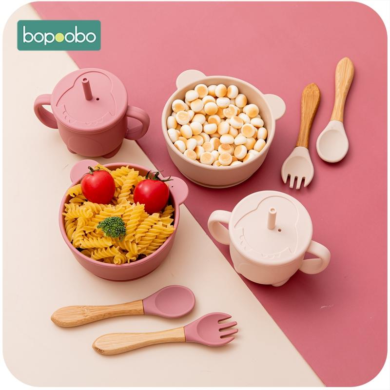 Dẻo Silicone Cho Bé BÁt 4Pc/1 Bộ Bộ Đồ Ăn Chống Thấm Cho Bé Học Tập Tô Bộ Gỗ Giỏ Muỗng Nĩa Không chống Trượt Cho Trẻ Học