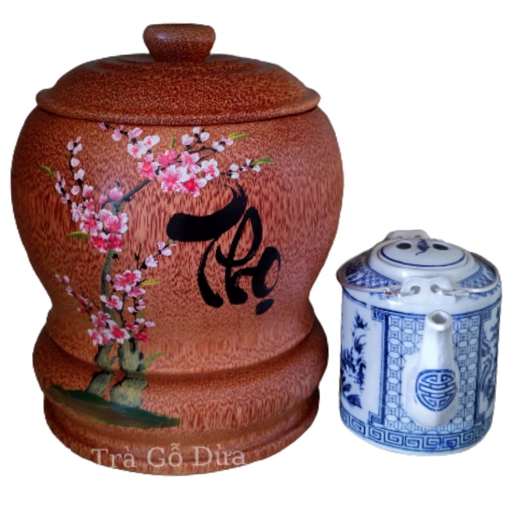 Bình Trà Gỗ Dừa Hoa Văn Lồng Chữ Thọ Và Bình Trà 700 - 950ml - Sản Phẩm Được Sản Xuất Tại Bến Tre