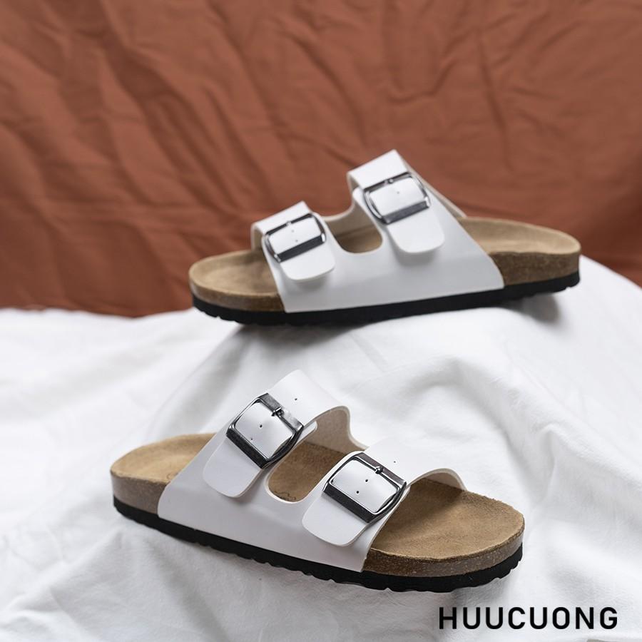 Dép nữ HuuCuong 2 khóa trắng đế trấu handmade