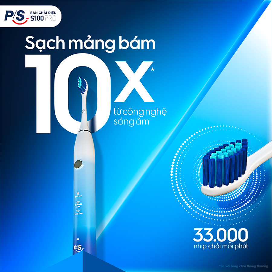 [Coupon giảm 50K]Bàn Chải Điện P/S S100 PRO Trắng Răng Công Nghệ Sóng Âm Xanh Chải Sạch Mảng Bám Tới 10X 1 bộ