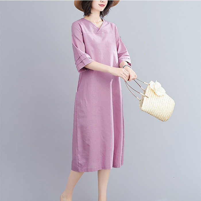 Đầm suông linen cổ tim chồng tay lỡ ArcticHunter, thời trang hè thu 2022 - Tím nhạt