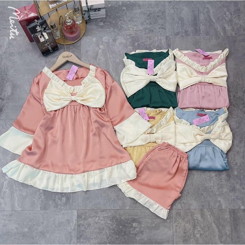 Bộ Lụa Satin Nơ Tay Cộc , Quần Cộc Không Nhăn, Không Bai Giãn, Không Phải màu