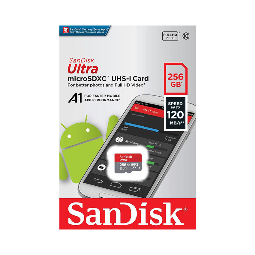 Thẻ nhớ SanDisk Ultra microSDXC, SQUAC 256GB, A1, C10, U1, UHS-I, 150MB/s R_SDSQUAC-256G-GN6MN -  Hàng Chính Hãng