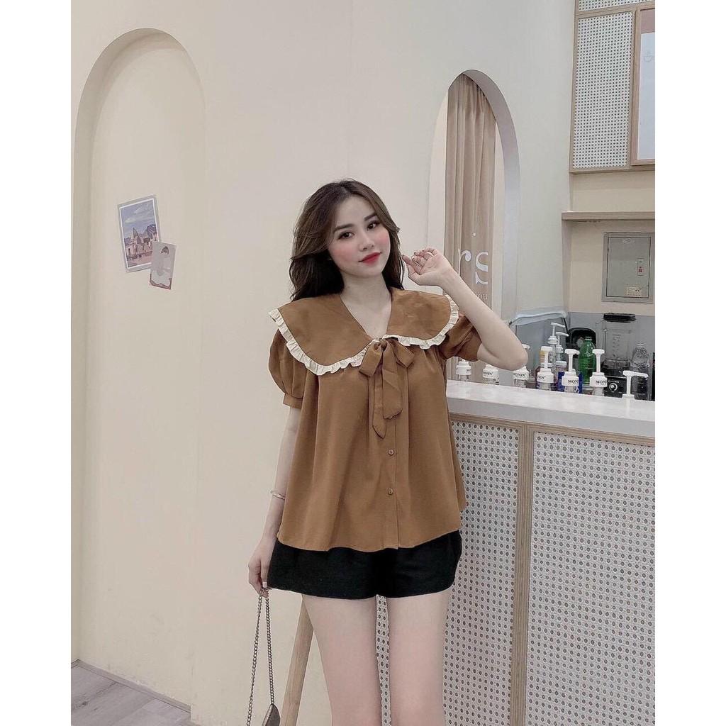 Set bộ đồ nữ cổ bèo cài nút kết nơ siêu xinh