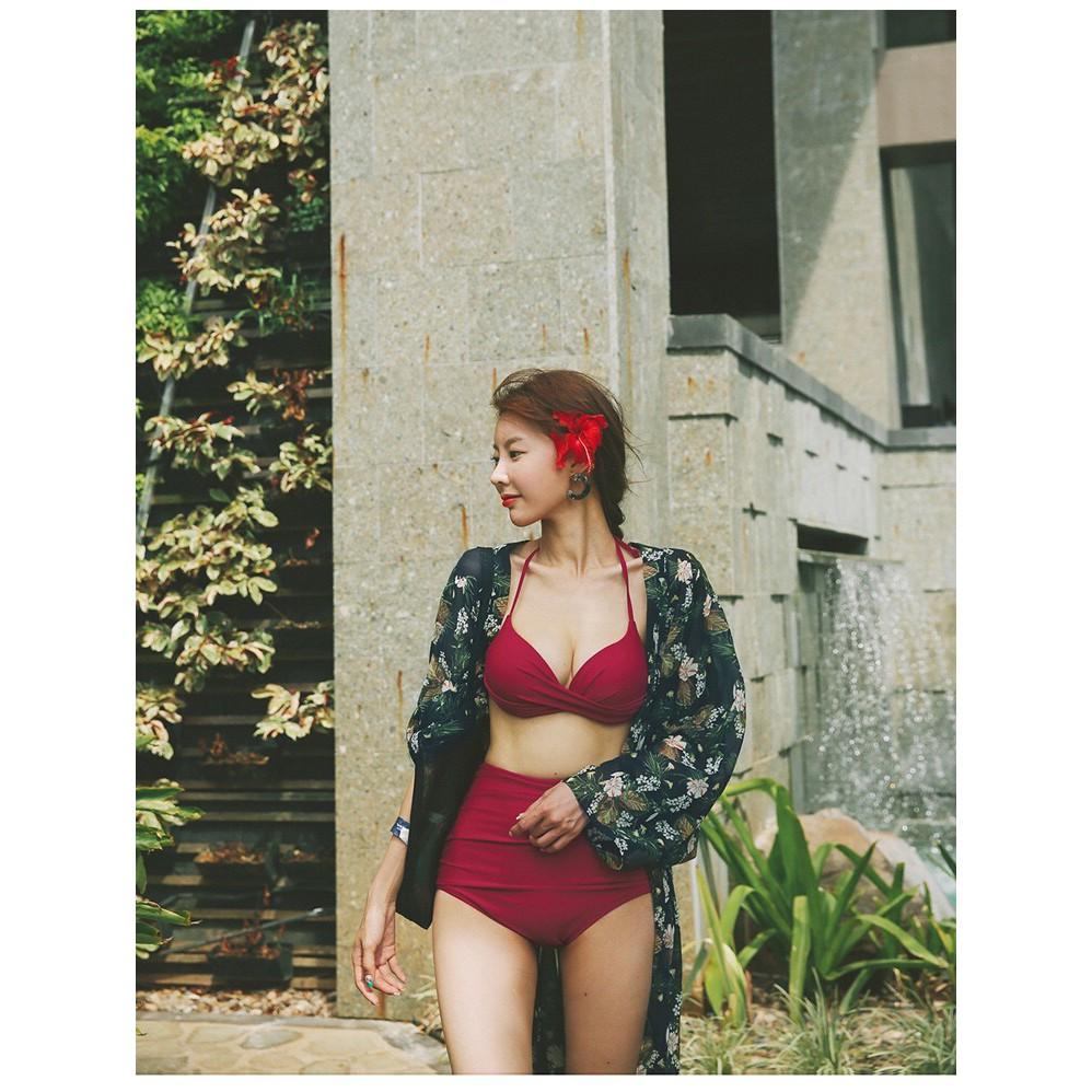 Bikini tắm biển 2 mảnh màu đỏ, quần cạp cao