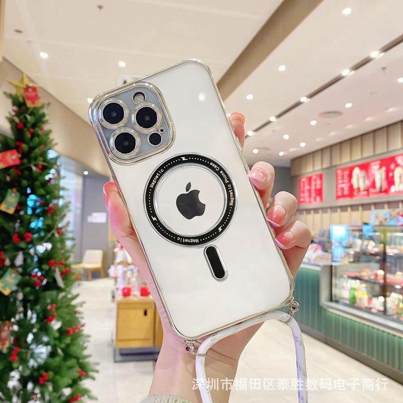 Ưu đãi đặc biệt đơn giản và trong suốt cho iPhone13/14promax mạ điện hút từ tính dây buộc chéo Apple 12 vỏ điện thoại di động thủy triều