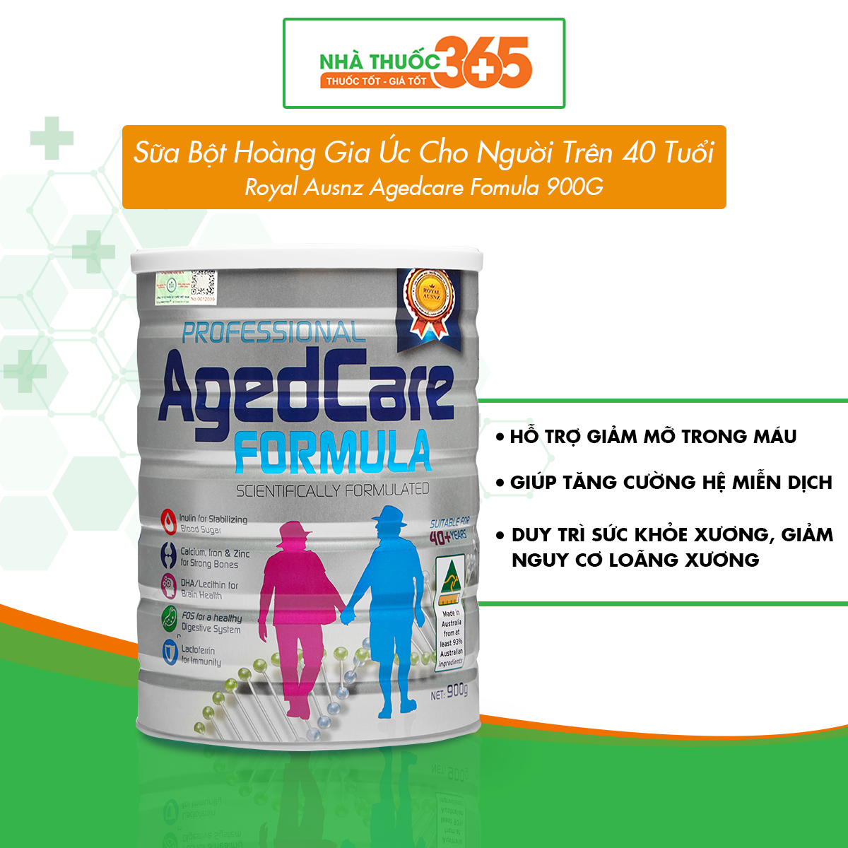 Sữa Bột Hoàng Gia Úc Royal Ausnz Agedcare Fomula Bổ Sung Dinh Dưỡng Cho Người Trên 40 Tuổi 900G