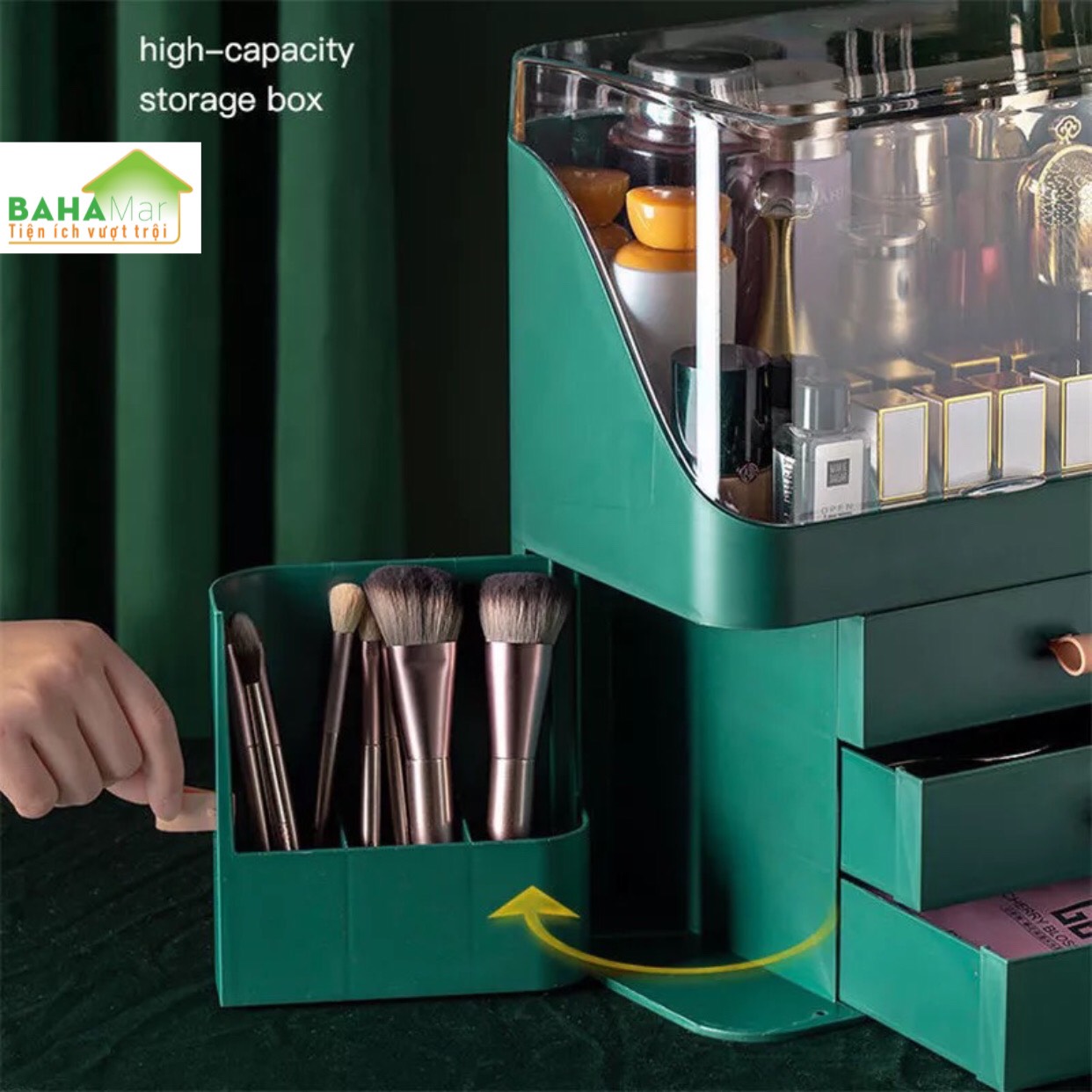 HỘP ĐỰNG MỸ PHẨM, TRANG SỨC NHIỀU NGĂN TIỆN SỬ DỤNG "BAHAMAR" Trong lòng hộp rộng, để công suất lớn, có không gian để cọ trang điểm, Có ngăn chuyên dụng đặt son môi,
