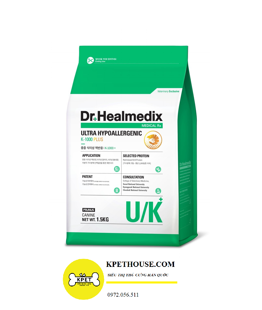 Thức ăn Hỗ trợ viêm da chó Dr.Healmedix ULTRA HYPOALLERGENIC K-1000 PLUS 1.5kg