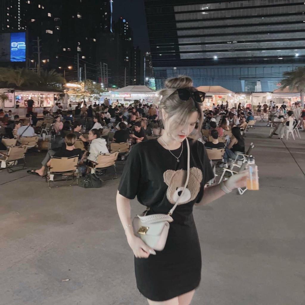 Đầm váy nữ body họa tiết gấu thêu cute dành cho các nàng đi chơi, dạo phố siêu xinh