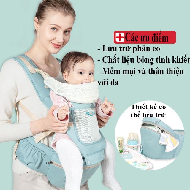 Địu em bé nhiều chức năng có đỡ cổ, có bệ ngồi (hộp tì đựng đồ) chống gù lưng, điệu trẻ em nhiều tư thế