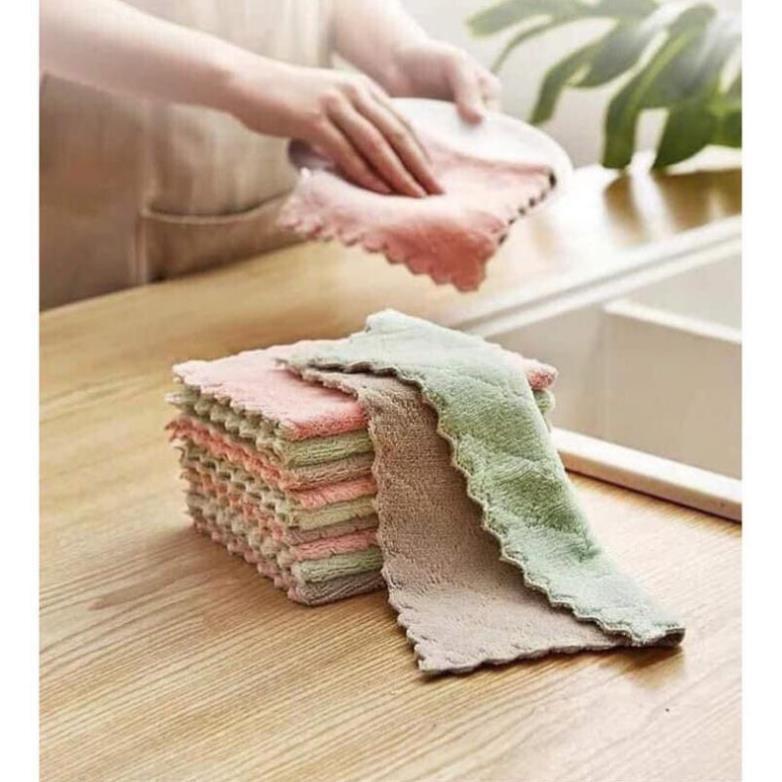 10 Khăn lau đa năng bếp, bát đĩa, cốc chén thấm nước chống dính dầu mỡ hai mặt loại to 15x26cm thảm lau chân