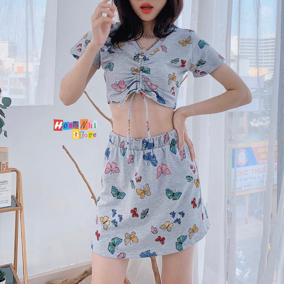 Set Áo Croptop Rút Dây Hoạ Tiết 3D Kèm Chân Váy Có Quần Trong Cực Xinh - MM