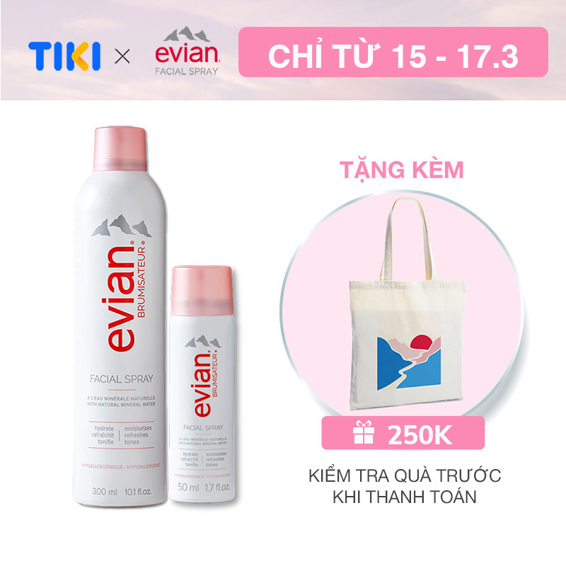 Combo 2 xịt khoáng cấp ẩm và làm dịu da Evian 300ml + 50