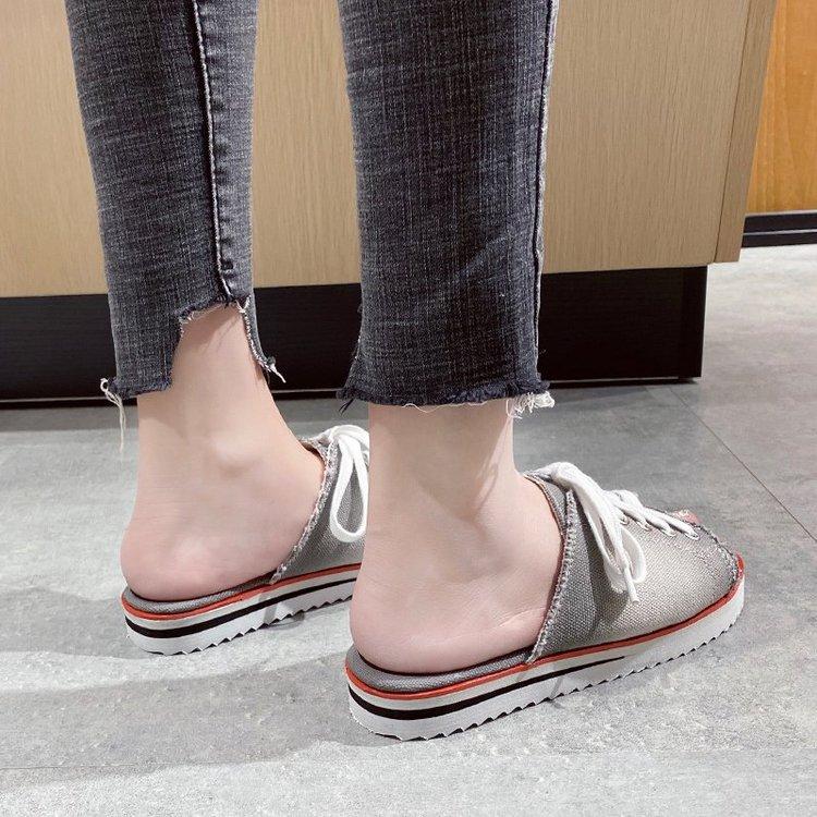 Dép Vải Canvas Đế Bằng Mũi Tròn Phối Dây Thắt Sành Điệu Cho Nữ