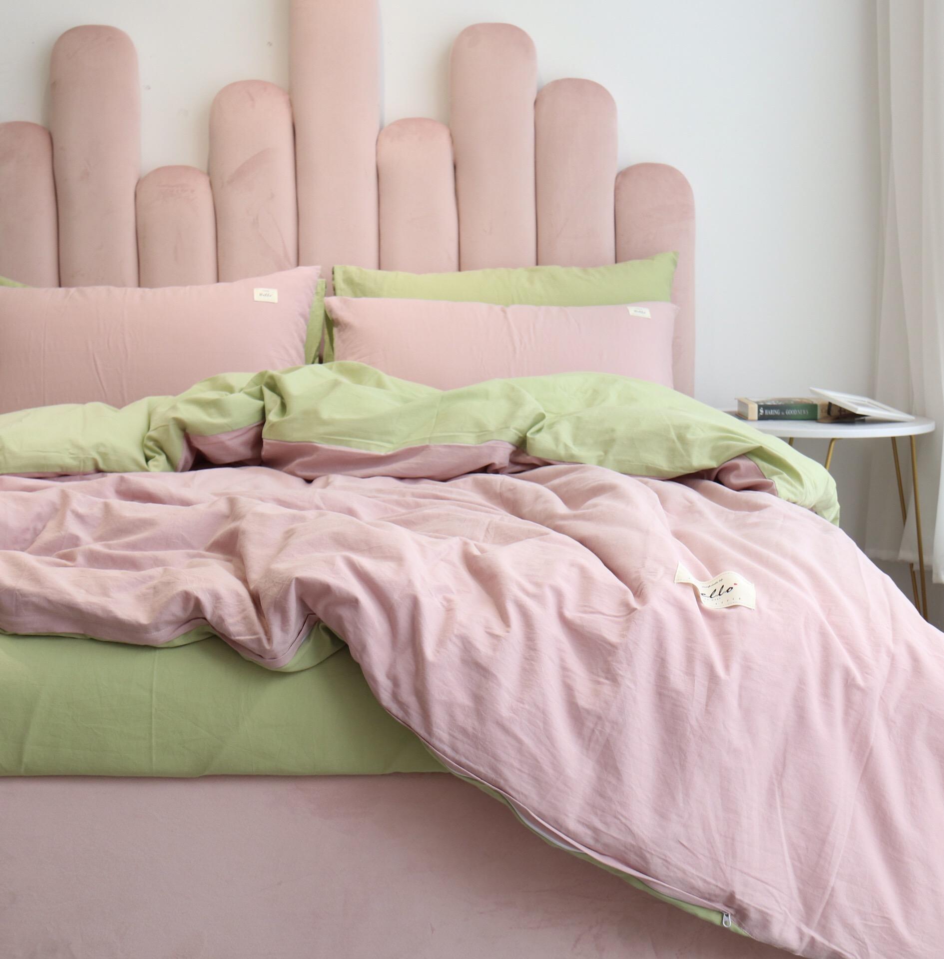 Bộ Chăn Ga Gối Cotton Tici LIDACO - Hồng Nhạt Ga Xanh - Tặng Vỏ Gối Ôm