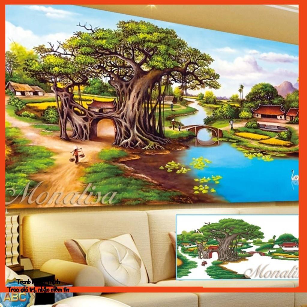 Tranh đính đá cao cấp Làng quê Việt Nam gốc đa cổng làng Y8169- KT: 150x70Cm