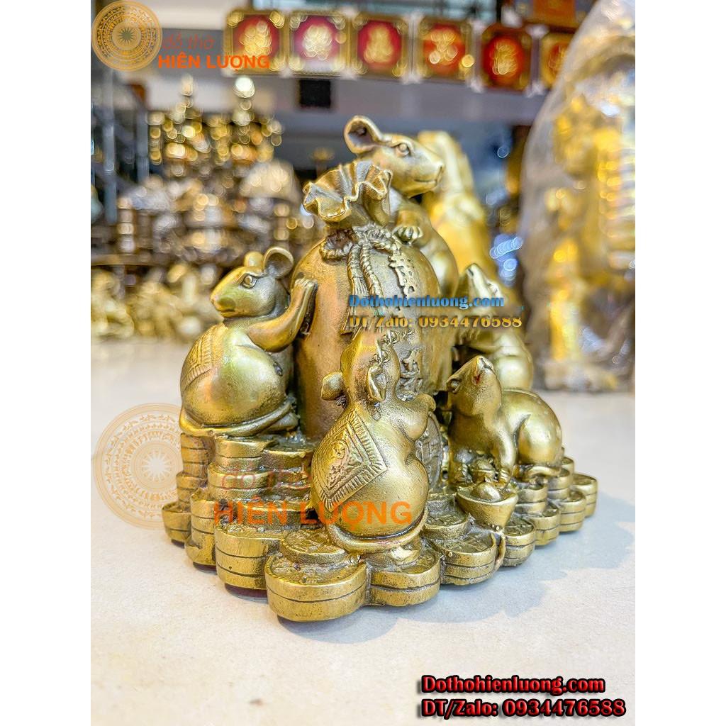 Tượng Gia Đình Chuột Ôm Bao Tiền Bằng Đồng Cao 15cm - Tượng Chuột Ngũ Phúc