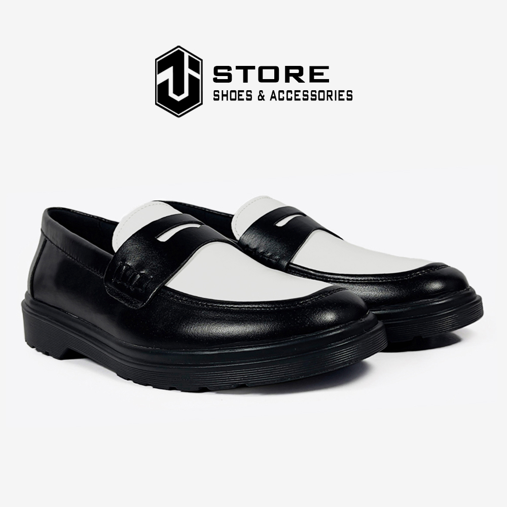 Giày Penny Loafer Black White Da Nguyên Tấm J1, Giày Lười Da Nam Sơn Tùng Đế Cao Su Đúc Nguyên Khối