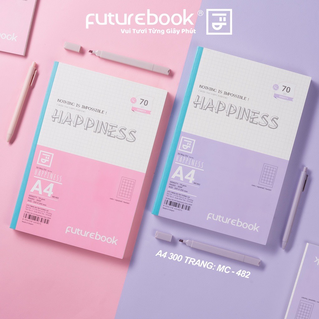 Sổ May Chỉ Dán Gáy Happiness A4- Dòng kẻ Caro- 70GSM- Phong cách Nhật Bản. VPP FUTUREBOOK. Giao mẫu ngẫu nhiên.