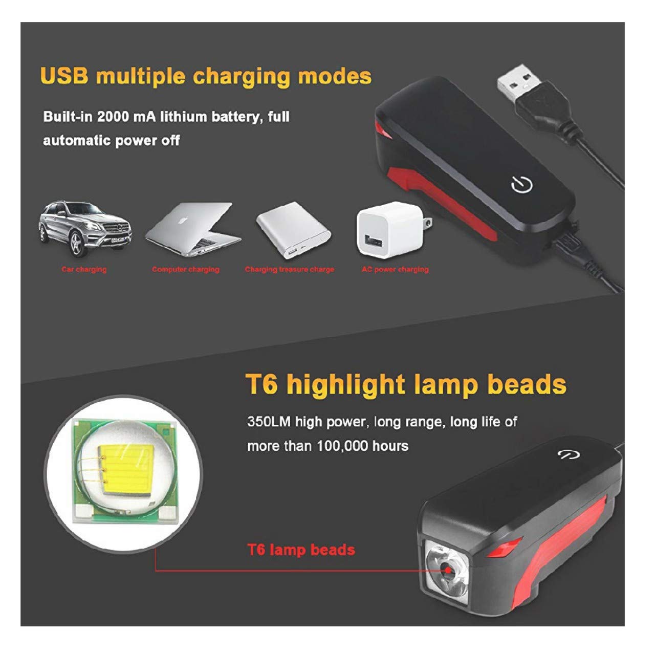 Đèn xe đạp tích hợp còi báo động nhiều chế độ sáng, chống nước IPX5 Bicycle Light LED Front Light