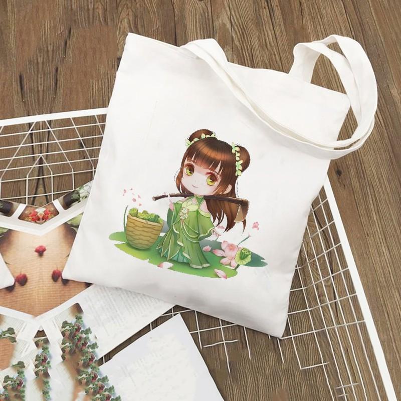 Túi Tote Vải Canvas đeo vai in hình CHIBI CỔ TRANG Hàn Quốc Có Khóa Miệng Túi + TÚI CON