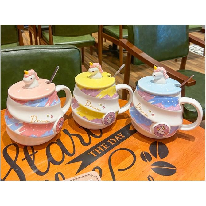 Cốc sứ kỳ lân, thỏ xoáy cầu vồng có nắp thìa - Cốc uống nước họa tiết unicorn dễ thương - quà tặng văn phòng