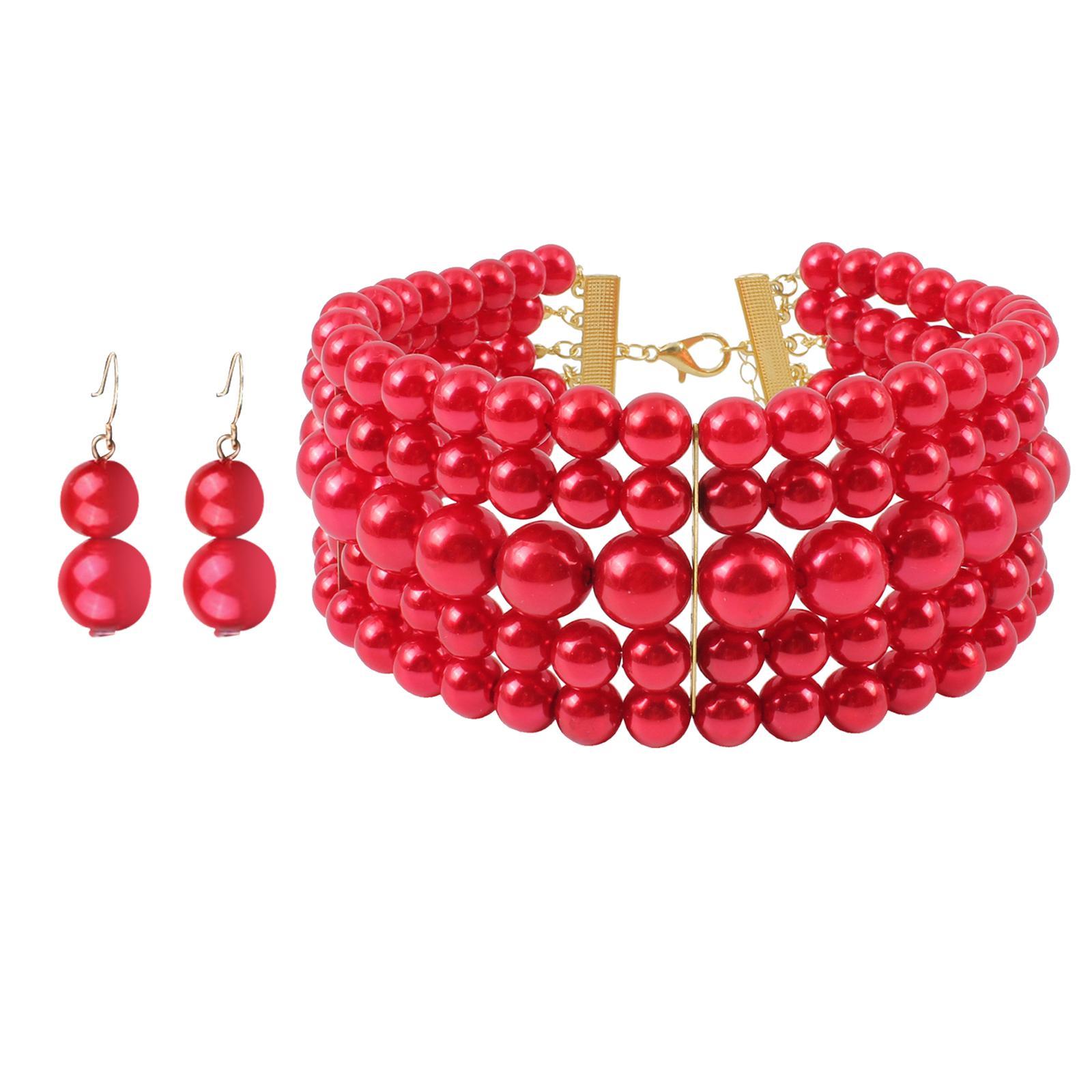 Fashion Pearl Choker Necklace and Earrings Set Round Imitation Pearl Multi Strands Costume Jewelry Set for Prom Bridal Gift Themed Party