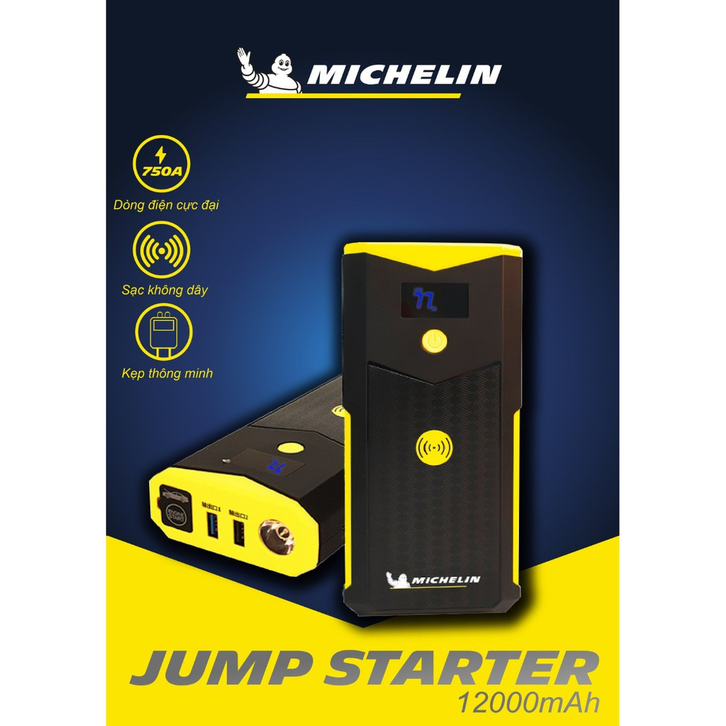 Bộ kích bình ô tô 750A - 1500A chuyên dụng kiêm sạc dự phòng không dây 12000 mAh Michelin 4165ML (Bảo hành 12 tháng)