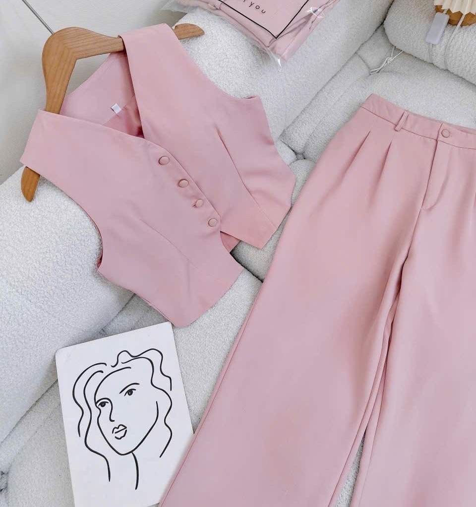 SET ÁO CROPTOP GILE HỒNG PASTEL + QUẦN TÂY DÀI LƯNG CAO ỐNG RỘNG ĐI CHƠI NOEL ĐI TIỆC GIÁNG SINH DẠO PHỐ ĐI BIỂN