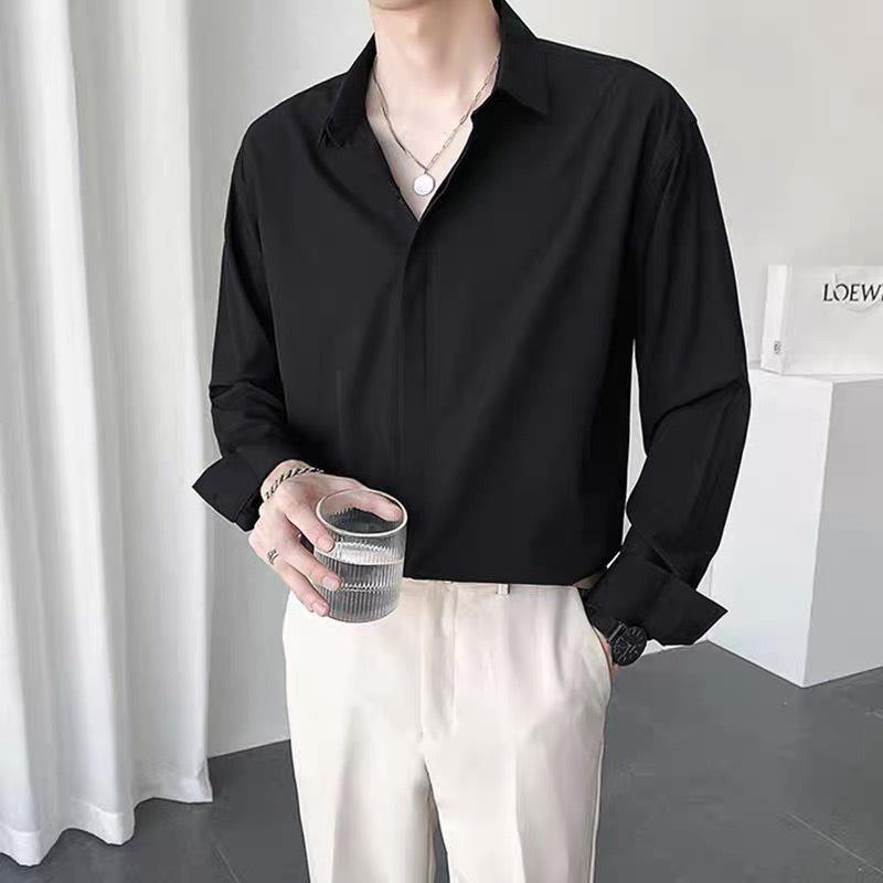 Áo sơ mi nam che nút tay dài vải cotton lụa mềm mượt mặc mát sơ mi Unisex fom rộng nam nữ mẫu mới ẩn nút tay dài mã 26
