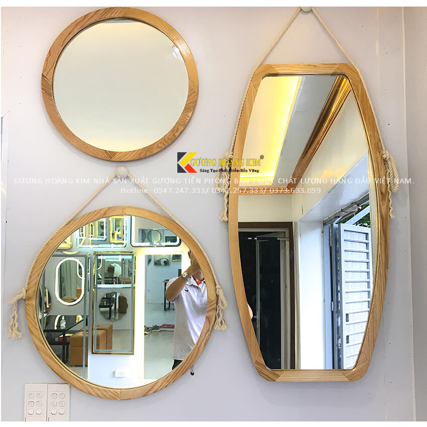 Gương tròn soi khung gỗ treo tường trang điểm viền tròn dây thừng kích thước 50cm và 60cm mirror KG-0005