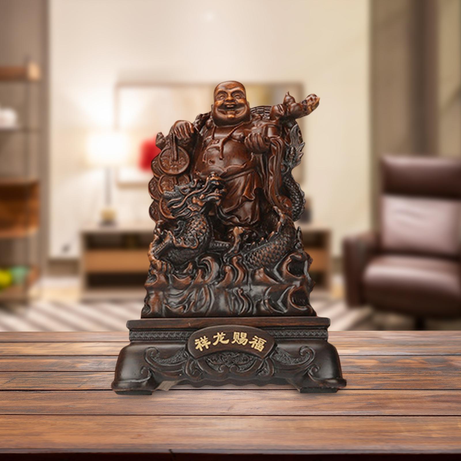 Sitting Buddha Statue, Buddha Sculpture Antique Decorative Feng Shui Chinese Buddha Statue, Laughing Buddha Figurine for Garden Office Desktop