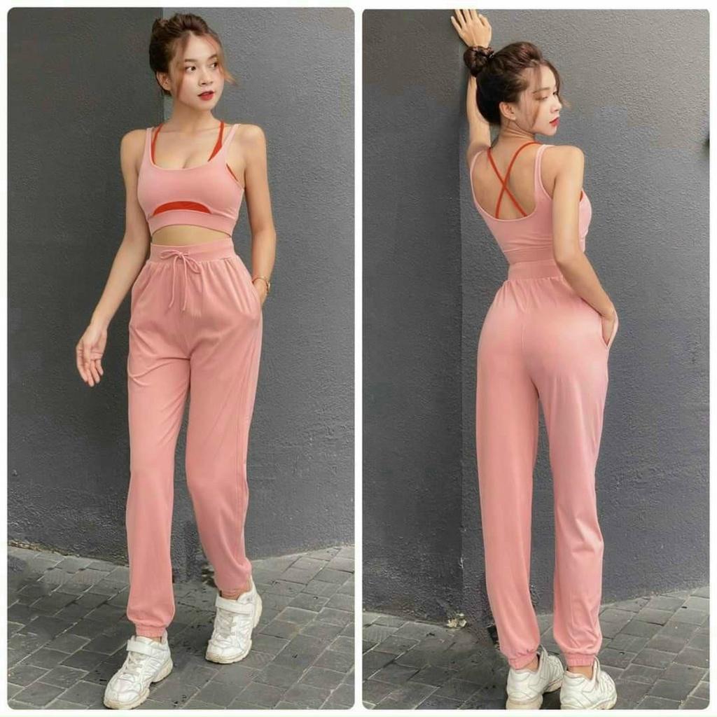 Bộ jonger áo bra dây 2 lớp , quần jonger dài thiết kế độc đáo thoải mái luyện tập