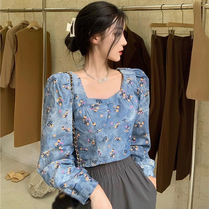 Áo kiểu tay dài cổ vuông họa tiết hoa phong cách retro Hàn Quốc xinh xắn thời trang cho nữ