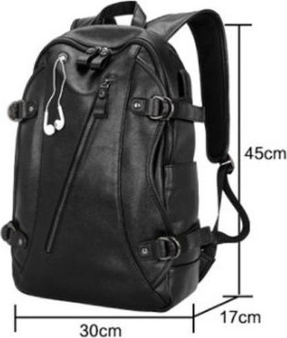 Ba Lô Học Sinh Da Unisex Đầu Sạc USB Đen