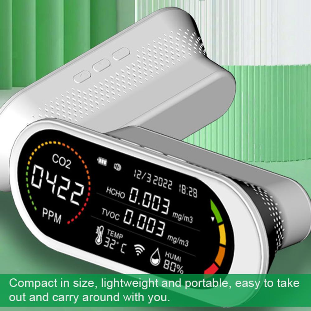 Household Air Quality Detector Multifunctional Semiconductor Sensors CO2 Tester LCD Display with Backlit Carbon Dioxide TVOC HCHO Value Temperature Humidity Detect Self-calibration with Alarm Function