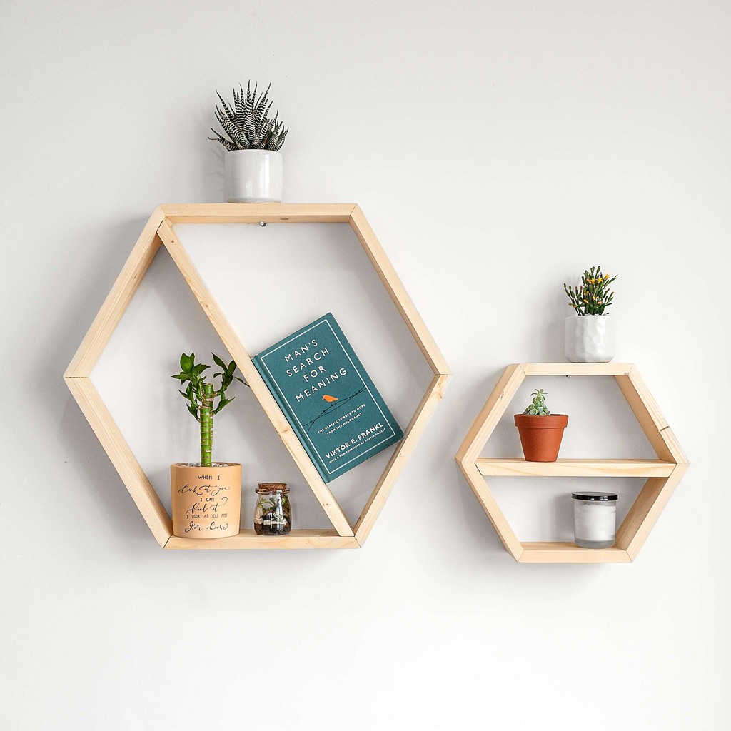 Combo 2 Kệ Lục giác gỗ treo tường trang trí Gỗ Thông như hình kích thước 30x30x10 cm và 40x40x10 cm
